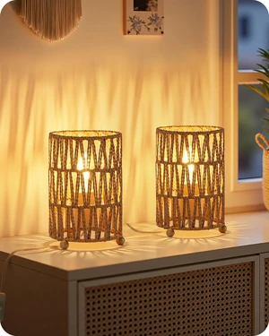 Boho Table Lamps Set of 2, Rattan-Style Small Bedside Lamps | Handwoven Paper Lampshade, 2400K LED Bulbs Included, Plug-In Nightstand Lamps, E26 Accent Table Lamps for Bedroom, Desk Decor Boho Table Lamps Set of 2, Rattan-Style Small Bedside Lamps | Handwoven Paper Lampshade, 2400K LED Bulbs Included, Plug-In Nightstand Lamps, E26 Accent Table Lamps for Bedroom, Desk Decor