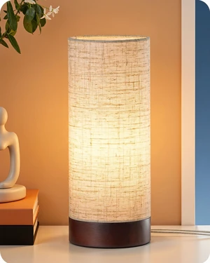 9.85" Small Table Lamp, Cylindrical Beige Linen Lampshade, E26 | Wood Bedside Lamp, ON-OFF Switch, No Assembly, Cute Nightstand Lamp for Kid Room, Living Room, Dormitory, Dark Walnut 9.85" Small Table Lamp, Cylindrical Beige Linen Lampshade, E26 | Wood Bedside Lamp, ON-OFF Switch, No Assembly, Cute Nightstand Lamp for Kid Room, Living Room, Dormitory, Dark Walnut