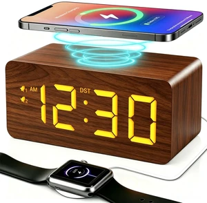 Premium Brown Wooden Digital Alarm Clock with Wireless Charger, Dual USB Charging Ports, Dimmable Large Time Display, DST, Snooze, Small Digital Desk Clock for Bedrooms Nightstand Bedside Office Premium Brown Wooden Digital Alarm Clock with Wireless Charger, Dual USB Charging Ports, Dimmable Large Time Display, DST, Snooze, Small Digital Desk Clock for Bedrooms Nightstand Bedside Office