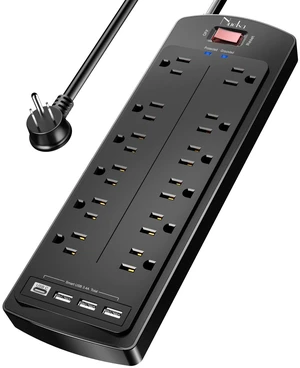 Power Strip, Surge Protector with 12 Outlets and 4 USB Ports, 6 Feet Flat Plug Extension Cord for Home, Office, Dorm Essentials, 2700 Joules, ETL Listed, Black Power Strip, Surge Protector with 12 Outlets and 4 USB Ports, 6 Feet Flat Plug Extension Cord for Home, Office, Dorm Essentials, 2700 Joules, ETL Listed, Black