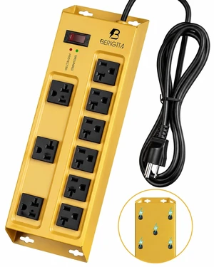 Magnetic Heavy Duty 20A Power Strip with Surge Protector, 9-Outlet Metal Junction Box with 6FT 12/3 Gauge Cord, for Garage, Workshop & Appliance (Yellow) Magnetic Heavy Duty 20A Power Strip with Surge Protector, 9-Outlet Metal Junction Box with 6FT 12/3 Gauge Cord, for Garage, Workshop & Appliance (Yellow)