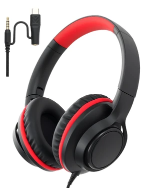 USB C & 3.5mm 2 in 1 Wired Headphones, Stereo Over Ear Headphones | HD Mic, Tangle-Free Nylon Cord, Foldable Headphones for iPad, Tablet, Laptop, Android, Black-Red USB C & 3.5mm 2 in 1 Wired Headphones, Stereo Over Ear Headphones | HD Mic, Tangle-Free Nylon Cord, Foldable Headphones for iPad, Tablet, Laptop, Android, Black-Red