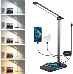LED Desk Lamp, USB Charging Port Touch Control for Home Office 5 Color Modes with Timer,Adjustable Arm,Wireless Charging, 10 Dimmable Eye-Caring Table Light with Data Cable for Work Study LED Desk Lamp, USB Charging Port Touch Control for Home Office 5 Color Modes with Timer,Adjustable Arm,Wireless Charging, 10 Dimmable Eye-Caring Table Light with Data Cable for Work Study