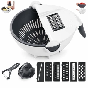 9-in-1 Multifunction Vegetable Cutter with Drain Basket, Rotating Vegetable Slicer Grater Chopper, Mandoline Slicer for Kitchen, Portable Veggie Cutter with 7 Blades, Hand Guard & Peeler 9-in-1 Multifunction Vegetable Cutter with Drain Basket, Rotating Vegetable Slicer Grater Chopper, Mandoline Slicer for Kitchen, Portable Veggie Cutter with 7 Blades, Hand Guard & Peeler