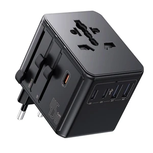 Universal Travel Adapter, 45W PD Fast Charging Travel Plug Adapter | 3 USBC, 2 USBA, 3 AC Outlets, Compact GaN Design, DualFuse, FireResistant, Safety Shutters, Black Universal Travel Adapter, 45W PD Fast Charging Travel Plug Adapter | 3 USBC, 2 USBA, 3 AC Outlets, Compact GaN Design, DualFuse, FireResistant, Safety Shutters, Black