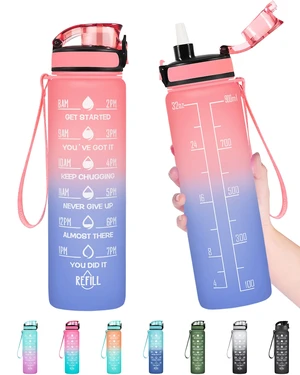 32 oz Water Bottle, Leakproof BPA & Toxic Free, Motivational Water Bottle with Times to Drink and Straw, Fitness Sports Water Bottle with Strap for Office, Gym, Outdoor Sports, Pink-Blue 32 oz Water Bottle, Leakproof BPA & Toxic Free, Motivational Water Bottle with Times to Drink and Straw, Fitness Sports Water Bottle with Strap for Office, Gym, Outdoor Sports, Pink-Blue