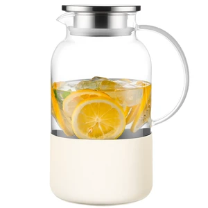 Glass Pitcher with Lid, 61 oz Glass Water Pitcher, Off-White Base | Glass carafe with lid; silicone base for hot or cold coffee, lemonade and milk, serves as a juice pitcher or water jug Glass Pitcher with Lid, 61 oz Glass Water Pitcher, Off-White Base | Glass carafe with lid; silicone base for hot or cold coffee, lemonade and milk, serves as a juice pitcher or water jug