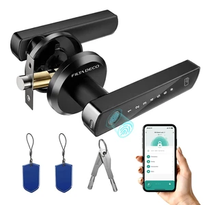 Smart Fingerprint Door Handle Lock with Keypad for Bedroom | keyless entry fingerprint door Lock, Key Card, Tuya Bluetooth App, Backup Keys for Interior Doors, Black Smart Fingerprint Door Handle Lock with Keypad for Bedroom | keyless entry fingerprint door Lock, Key Card, Tuya Bluetooth App, Backup Keys for Interior Doors, Black