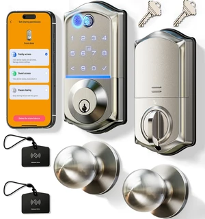 VE017-K Fingerprint Smart Front Lock with Knob Set, APP, Satin Nickel | Remote Access Sharing, Fob Unlock, Touchscreen Keypad Deadbolt, Keyless Entry, Auto-Lock, Easy Install, Low Battery Alarm VE017-K Fingerprint Smart Front Lock with Knob Set, APP, Satin Nickel | Remote Access Sharing, Fob Unlock, Touchscreen Keypad Deadbolt, Keyless Entry, Auto-Lock, Easy Install, Low Battery Alarm