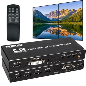 2x2 4k Video Wall Controller, Transform 4 TV Screens into a Single Wall Display with HDMI & DVI 4K Input, 180° Rotation, Audio Output, IR Remote/RS232/Button Press Control 2x2 4k Video Wall Controller, Transform 4 TV Screens into a Single Wall Display with HDMI & DVI 4K Input, 180° Rotation, Audio Output, IR Remote/RS232/Button Press Control