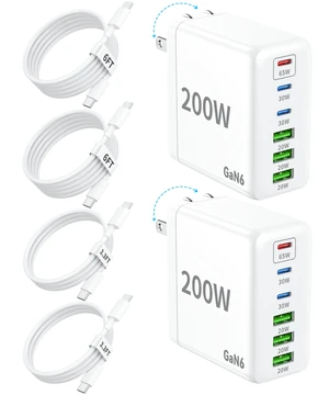 2 Pack USB C Charger Block 200W 6 Port GaN Super Fast Type C Charger | Foldable PD Charging Station for All iPhone 18 Pro MAX /Duo 17 16 /android phone Samsung Galaxy S25/S24/MacBook/ iPad 2 Pack USB C Charger Block 200W 6 Port GaN Super Fast Type C Charger | Foldable PD Charging Station for All iPhone 18 Pro MAX /Duo 17 16 /android phone Samsung Galaxy S25/S24/MacBook/ iPad