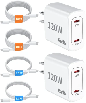 120W Fast Charger USB C - 2 Pack 65W PD Dual Port GaN Type C Charging Block | 3.3/3.3/10/10FT USB C Cable for MacBook Air Pro iPhone 17/16/15 Series Samsung Galaxy S25/S24/S23 Ultra Home Office Travel 120W Fast Charger USB C - 2 Pack 65W PD Dual Port GaN Type C Charging Block | 3.3/3.3/10/10FT USB C Cable for MacBook Air Pro iPhone 17/16/15 Series Samsung Galaxy S25/S24/S23 Ultra Home Office Travel