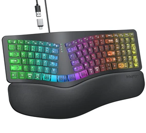 MEETION Wired Ergonomic Keyboard with Backlit Keys and Wrist Rest, Black | 7-color backlight, 4 brightness levels, RGB breathing mode, USB-A to USB-C adapter, compatible with Windows, Mac and laptops MEETION Wired Ergonomic Keyboard with Backlit Keys and Wrist Rest, Black | 7-color backlight, 4 brightness levels, RGB breathing mode, USB-A to USB-C adapter, compatible with Windows, Mac and laptops