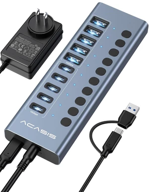 ACASIS 10 Ports Powered USB 3.2 Hub (5 USB-A 3.2 +5 USB-C 3.2), 10Gbps | Individual On/Off Switch for Each Port Aluminum Housing Better Heat Dissipation Plug & Play 48W Power Adapter ACASIS 10 Ports Powered USB 3.2 Hub (5 USB-A 3.2 +5 USB-C 3.2), 10Gbps | Individual On/Off Switch for Each Port Aluminum Housing Better Heat Dissipation Plug & Play 48W Power Adapter