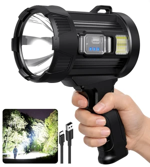 ECLINCO Rechargeable LED Spotlight Flashlight: 2,000,000 lm Super Bright Handheld Searchlight with COB Work Light & Solar Panel for Camping, Boating & Home ECLINCO Rechargeable LED Spotlight Flashlight: 2,000,000 lm Super Bright Handheld Searchlight with COB Work Light & Solar Panel for Camping, Boating & Home