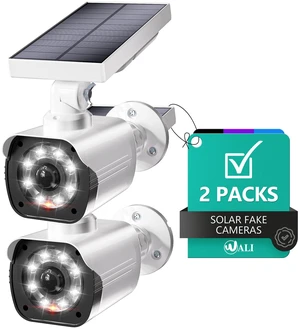 WALI Solar Powered Fake Camera with Motion Sensor Floodlight, 2 Pack, White | Dummy Cameras for Outside, Wireless Simulated Cam, Realistic Look, Larger Solar Panel, Weatherproof WALI Solar Powered Fake Camera with Motion Sensor Floodlight, 2 Pack, White | Dummy Cameras for Outside, Wireless Simulated Cam, Realistic Look, Larger Solar Panel, Weatherproof