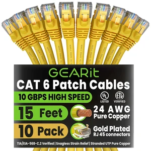 GEARit Cat6 Patch Cables Cat 6 Ethernet Cable 15 ft 10-Pack Yellow | Ethernet Patch Cable, 10Gbps 550MHz 24AWG Pure Copper, Snagless, Gold Plated RJ45 for Router, Server, Router, PC GEARit Cat6 Patch Cables Cat 6 Ethernet Cable 15 ft 10-Pack Yellow | Ethernet Patch Cable, 10Gbps 550MHz 24AWG Pure Copper, Snagless, Gold Plated RJ45 for Router, Server, Router, PC