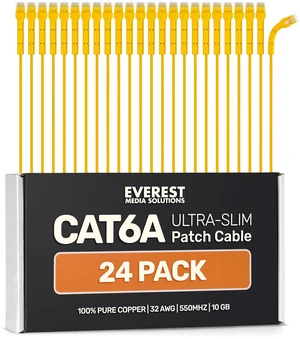 Everest Ultra Slim Cat6a Ethernet Patch Cables 1ft (24-Pack) Yellow | Bendable, Thin and Flexible Patch Cord - 10 GbE support - Pure bare copper wires Everest Ultra Slim Cat6a Ethernet Patch Cables 1ft (24-Pack) Yellow | Bendable, Thin and Flexible Patch Cord - 10 GbE support - Pure bare copper wires