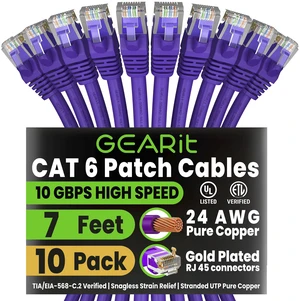 GEARit Cat6 Patch Cables Cat 6 Ethernet Cable 7 ft 10-Pack Purple | Ethernet Patch Cable, 10Gbps 550MHz 24AWG Pure Copper, Snagless, Gold Plated RJ45 for Router, Server, Router, PC GEARit Cat6 Patch Cables Cat 6 Ethernet Cable 7 ft 10-Pack Purple | Ethernet Patch Cable, 10Gbps 550MHz 24AWG Pure Copper, Snagless, Gold Plated RJ45 for Router, Server, Router, PC
