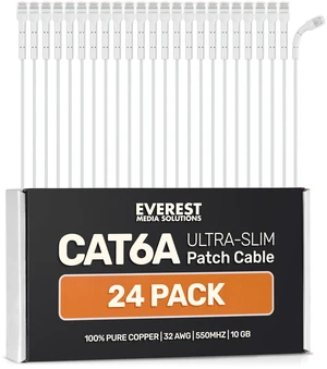 Everest Ultra Slim Cat6a Ethernet Patch Cables 0.5ft (24-Pack) White | Bendable, Thin and Flexible Patch Cord - 10 GbE support - Pure bare copper wires Everest Ultra Slim Cat6a Ethernet Patch Cables 0.5ft (24-Pack) White | Bendable, Thin and Flexible Patch Cord - 10 GbE support - Pure bare copper wires