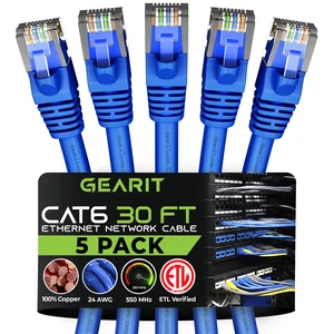 GEARit Cat6 Patch Cables Cat 6 Ethernet Cable 30 ft 5-Pack Blue | Ethernet Patch Cable, 10Gbps 550MHz 24AWG Pure Copper, Snagless, Gold Plated RJ45 for Router, Server, Router, PC GEARit Cat6 Patch Cables Cat 6 Ethernet Cable 30 ft 5-Pack Blue | Ethernet Patch Cable, 10Gbps 550MHz 24AWG Pure Copper, Snagless, Gold Plated RJ45 for Router, Server, Router, PC