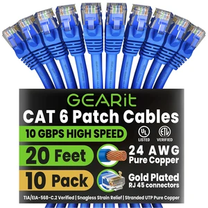 GEARit Cat6 Patch Cables Cat 6 Ethernet Cable 20 ft 10-Pack Blue | Ethernet Patch Cable, 10Gbps 550MHz 24AWG Pure Copper, Snagless, Gold Plated RJ45 for Router, Server, Router, PC GEARit Cat6 Patch Cables Cat 6 Ethernet Cable 20 ft 10-Pack Blue | Ethernet Patch Cable, 10Gbps 550MHz 24AWG Pure Copper, Snagless, Gold Plated RJ45 for Router, Server, Router, PC
