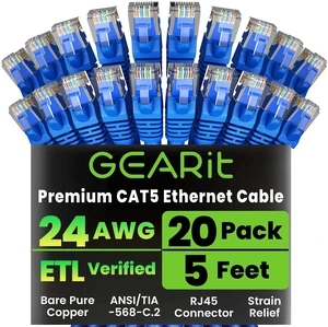 GEARit 20-Pack, Cat5e Ethernet Patch Cable 5 Feet - Snagless RJ45 Computer LAN Network Cord, Blue GEARit 20-Pack, Cat5e Ethernet Patch Cable 5 Feet - Snagless RJ45 Computer LAN Network Cord, Blue
