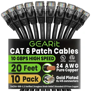 GEARit Cat6 Patch Cables Cat 6 Ethernet Cable 20 ft 10-Pack Black | Ethernet Patch Cable, 10Gbps 550MHz 24AWG Pure Copper, Snagless, Gold Plated RJ45 for Router, Server, Router, PC GEARit Cat6 Patch Cables Cat 6 Ethernet Cable 20 ft 10-Pack Black | Ethernet Patch Cable, 10Gbps 550MHz 24AWG Pure Copper, Snagless, Gold Plated RJ45 for Router, Server, Router, PC