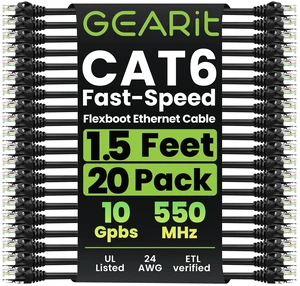 GEARit Cat6 Snagless Ethernet Patch Cable 10Gbps 20-Pack 1.5 Feet Black | 24 AWG Pure Copper Conductors, RJ45 Connectors, Flexible Soft Tab Boot, For Router, Switch, Modem, PC, PS5 and Server GEARit Cat6 Snagless Ethernet Patch Cable 10Gbps 20-Pack 1.5 Feet Black | 24 AWG Pure Copper Conductors, RJ45 Connectors, Flexible Soft Tab Boot, For Router, Switch, Modem, PC, PS5 and Server