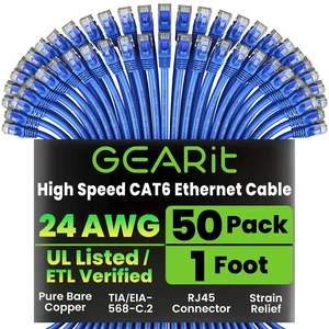 GEARit Cat6 Patch Cables Cat 6 Ethernet Cable 1 ft 50-Pack Blue | Ethernet Patch Cable, 10Gbps 550MHz 24AWG Pure Copper, Snagless, Gold Plated RJ45 for Router, Server, Router, PC GEARit Cat6 Patch Cables Cat 6 Ethernet Cable 1 ft 50-Pack Blue | Ethernet Patch Cable, 10Gbps 550MHz 24AWG Pure Copper, Snagless, Gold Plated RJ45 for Router, Server, Router, PC