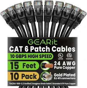 GEARit Cat6 Patch Cables Cat 6 Ethernet Cable 15 ft 10-Pack Black | Ethernet Patch Cable, 10Gbps 550MHz 24AWG Pure Copper, Snagless, Gold Plated RJ45 for Router, Server, Router, PC GEARit Cat6 Patch Cables Cat 6 Ethernet Cable 15 ft 10-Pack Black | Ethernet Patch Cable, 10Gbps 550MHz 24AWG Pure Copper, Snagless, Gold Plated RJ45 for Router, Server, Router, PC