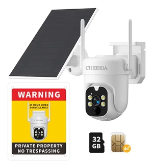 CHIBHOA 4G LTE Solar Camera, NO WiFi Needed, 2K Color Night Vision | Wireless Cellular Security. Includes SIM & 32GB SD. 360° View, PIR Motion Detection. Siren & 2-Way Audio. CHIBHOA 4G LTE Solar Camera, NO WiFi Needed, 2K Color Night Vision | Wireless Cellular Security. Includes SIM & 32GB SD. 360° View, PIR Motion Detection. Siren & 2-Way Audio.