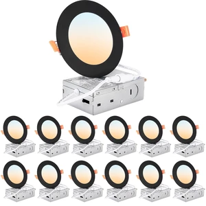 DLLT LED Recessed Ceiling Lights: Black 12 Pack 4 Inch 5CCT Ultra-Thin Lighting with Junction Box for Bedroom - 900LM Brightness 9W Eqv 80W Dimmable Canless Wafer Downlight with ETL&FCC DLLT LED Recessed Ceiling Lights: Black 12 Pack 4 Inch 5CCT Ultra-Thin Lighting with Junction Box for Bedroom - 900LM Brightness 9W Eqv 80W Dimmable Canless Wafer Downlight with ETL&FCC