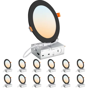 DLLT LED Recessed Ceiling Lights: Black 12 Pack 6 Inch 5CCT Ultra-Thin Lighting with Junction Box for Bedroom - 1200LM Brightness 12W Eqv 110W Dimmable Canless Wafer Downlight with ETL&FCC DLLT LED Recessed Ceiling Lights: Black 12 Pack 6 Inch 5CCT Ultra-Thin Lighting with Junction Box for Bedroom - 1200LM Brightness 12W Eqv 110W Dimmable Canless Wafer Downlight with ETL&FCC