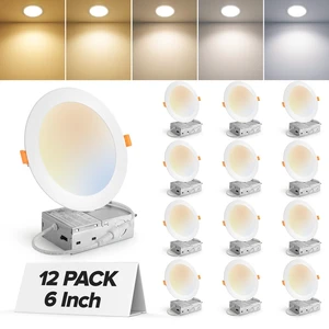MAILCOS 12 Pack 6 Inch 5CCT Ultra-Thin LED Recessed Ceiling Light with Junction Box, 2700K-5000K Selectable, 1050LM High Brightness, Dimmable Canless Wafer Downlight, 12W 120V, ETL MAILCOS 12 Pack 6 Inch 5CCT Ultra-Thin LED Recessed Ceiling Light with Junction Box, 2700K-5000K Selectable, 1050LM High Brightness, Dimmable Canless Wafer Downlight, 12W 120V, ETL