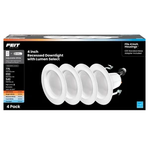 Feit Electric 4 in LED Recessed Downlight - 5CCT, Dimmable - 4 Pack | High Output 75W Equivalent, 4 Inch, 5CCT 2700K Warm White - 5000K Daylight, Retrofit Recessed Can Lighting LEDR4HO/6WYCA/4 Feit Electric 4 in LED Recessed Downlight - 5CCT, Dimmable - 4 Pack | High Output 75W Equivalent, 4 Inch, 5CCT 2700K Warm White - 5000K Daylight, Retrofit Recessed Can Lighting LEDR4HO/6WYCA/4
