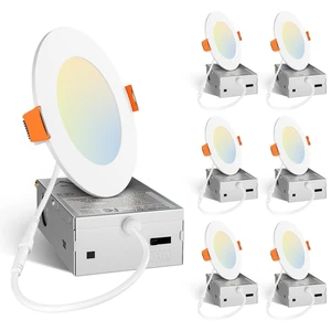 Amico 6 Pack 4 Inch LED Recessed Light with Junction Box, 5CCT, 800LM, 11W | 2700K-5000K, 5%-100% Dimmable, 120V, White, Metal Housing, Ultra-Thin Canless Wafer Downlight, ETL, FCC, IC & Damp Rated Amico 6 Pack 4 Inch LED Recessed Light with Junction Box, 5CCT, 800LM, 11W | 2700K-5000K, 5%-100% Dimmable, 120V, White, Metal Housing, Ultra-Thin Canless Wafer Downlight, ETL, FCC, IC & Damp Rated