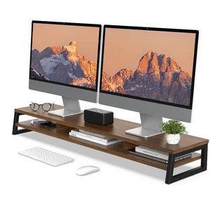 Fenge Dual Monitor Riser for Desk, Open Shelf with 3 Storage Compartments | 42.5in Computer Monitor Stand, 2-Tier Desk Shelf for Top of Desk, One-Piece Panel, fits Ultrawide Monitor, PC, Laptop, Brown Fenge Dual Monitor Riser for Desk, Open Shelf with 3 Storage Compartments | 42.5in Computer Monitor Stand, 2-Tier Desk Shelf for Top of Desk, One-Piece Panel, fits Ultrawide Monitor, PC, Laptop, Brown
