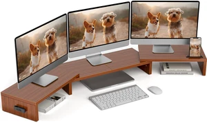 BONTEC Triple Monitor Stand Riser with Smartphone Holder, Walnut | Adjustable Length & Swivel Angle, Ergonomic Wooden Desktop Organizer for PC Monitor, Laptop, Printer, Large Storage, 53.3 in BONTEC Triple Monitor Stand Riser with Smartphone Holder, Walnut | Adjustable Length & Swivel Angle, Ergonomic Wooden Desktop Organizer for PC Monitor, Laptop, Printer, Large Storage, 53.3 in