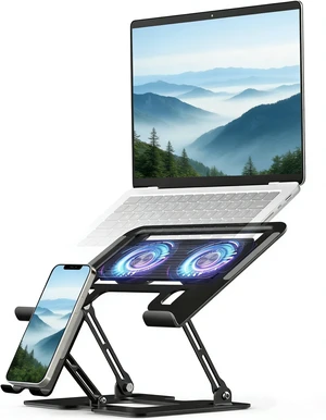 Laptop & Phone 2-in-1 Cooling Stand with Silent Fan, Adjustable Height & Angle, Carbon Steel Foldable Laptop Riser, Gaming Laptop Cooler Pad for Laptops Up to 18 Inch (Black) Laptop & Phone 2-in-1 Cooling Stand with Silent Fan, Adjustable Height & Angle, Carbon Steel Foldable Laptop Riser, Gaming Laptop Cooler Pad for Laptops Up to 18 Inch (Black)