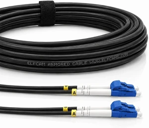Elfcam® - 50m/164ft Outdoor and Indoor Shielded Armored Fiber Optic Cable LC/UPC to LC/UPC OS2 Singlemode Duplex 9/125m LSZH, Black 50 Meters Elfcam® - 50m/164ft Outdoor and Indoor Shielded Armored Fiber Optic Cable LC/UPC to LC/UPC OS2 Singlemode Duplex 9/125m LSZH, Black 50 Meters