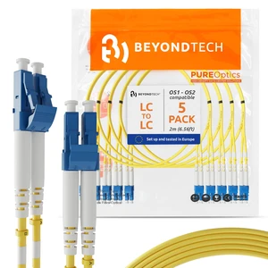 BEYONDTECH 2m (6.56ft) LC to LC Fiber Patch Cable (5 Pack) UPC Single-Mode Duplex Fiber Optic Cable 9/125µm core, Compatible with OS1 & OS2 LSZH PUREOptics Series BEYONDTECH 2m (6.56ft) LC to LC Fiber Patch Cable (5 Pack) UPC Single-Mode Duplex Fiber Optic Cable 9/125µm core, Compatible with OS1 & OS2 LSZH PUREOptics Series
