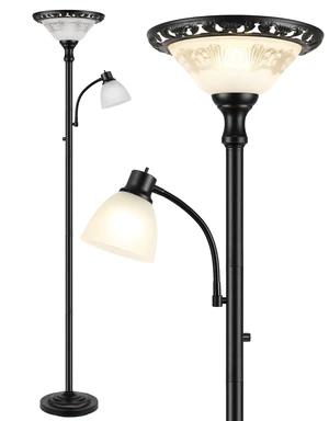 Torchiere Floor Lamp for Living Room with Reading Light, Thick Glass Shade | 71" Tall, 2 Switches, Thick Metal Pole & Heavy Base, Vintage Corner Lamp Home Decor for Bedroom Office, 3CCT Bulb Included Torchiere Floor Lamp for Living Room with Reading Light, Thick Glass Shade | 71" Tall, 2 Switches, Thick Metal Pole & Heavy Base, Vintage Corner Lamp Home Decor for Bedroom Office, 3CCT Bulb Included