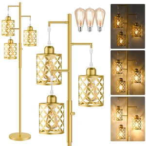 GHOOCEMLUX 68" Modern Tree Floor Lamp, Dimmable Industrial Tall Standing Lamp with Metal Cages & Rotary Dimmer Knob, Corner Decor Lighting for Living Room Bedroom Cafe, 3 x 800LM Bulbs Included - Gold GHOOCEMLUX 68" Modern Tree Floor Lamp, Dimmable Industrial Tall Standing Lamp with Metal Cages & Rotary Dimmer Knob, Corner Decor Lighting for Living Room Bedroom Cafe, 3 x 800LM Bulbs Included - Gold