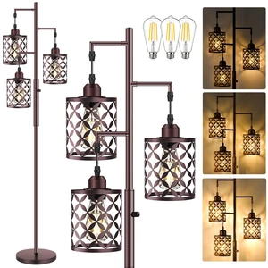 GHOOCEMLUX Industrial Tree Floor Lamp, 68" Dimmable Farmhouse Tall Standing Lamp with Quatrefoil Cutout Shades & Rotary Dimmer Knob, Corner Light for Living Room Bedroom, 3 x800LM Bulbs Included-Brown GHOOCEMLUX Industrial Tree Floor Lamp, 68" Dimmable Farmhouse Tall Standing Lamp with Quatrefoil Cutout Shades & Rotary Dimmer Knob, Corner Light for Living Room Bedroom, 3 x800LM Bulbs Included-Brown