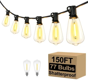 Brightever 150FT Outdoor String Lights 77 Bulbs, Waterproof Patio Lights | 2 Spare ST38 Edison Bulbs Dimmable, Connectable Plug-in LED Outdoor Lighting for Porch, Garden, Backyard, Balcony, 2700K Brightever 150FT Outdoor String Lights 77 Bulbs, Waterproof Patio Lights | 2 Spare ST38 Edison Bulbs Dimmable, Connectable Plug-in LED Outdoor Lighting for Porch, Garden, Backyard, Balcony, 2700K