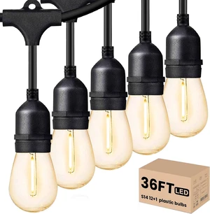 Svater Outdoor String Lights LED 36 FT S14 Commercial Grade Waterproof ETL | Outside Patio Light with Plastic 1 Watt Antique Edison E26 Bulbs, Connectable Hanging Strand for Bistro Cafe Backyard 2700K Svater Outdoor String Lights LED 36 FT S14 Commercial Grade Waterproof ETL | Outside Patio Light with Plastic 1 Watt Antique Edison E26 Bulbs, Connectable Hanging Strand for Bistro Cafe Backyard 2700K