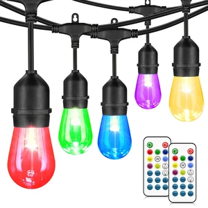Mlambert 48FT Outdoor Patio RGB Cafe String Lights with Remote, Black | Plug in, 8 Lighting Modes, 15+2 S14 LED Edison Bulbs, Dimmable, Shatterproof, Waterproof, Linkable, for Christmas Party Yard Mlambert 48FT Outdoor Patio RGB Cafe String Lights with Remote, Black | Plug in, 8 Lighting Modes, 15+2 S14 LED Edison Bulbs, Dimmable, Shatterproof, Waterproof, Linkable, for Christmas Party Yard