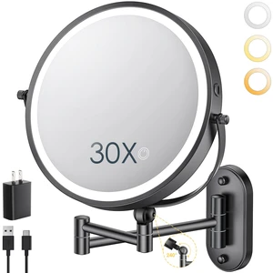 ZLOKLA 9" Wall Mounted Lighted Makeup Mirror,4000mAh Rechargeable Double Sided 1X/30X Magnifying Mirror with Light,Touch Dimmable,Extended Arm 360 Rotation Wall Mounted Makeup Mirror 3 Color Lights ZLOKLA 9" Wall Mounted Lighted Makeup Mirror,4000mAh Rechargeable Double Sided 1X/30X Magnifying Mirror with Light,Touch Dimmable,Extended Arm 360 Rotation Wall Mounted Makeup Mirror 3 Color Lights