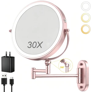9" Wall Mounted Lighted Makeup Mirror,4000mAh Rechargeable Double Sided 1X/30X Magnifying Mirror with Light,Touch Dimmable,Extended Arm 360 Rotation Wall Mounted Makeup Mirror 3 Color Lights-gold 9" Wall Mounted Lighted Makeup Mirror,4000mAh Rechargeable Double Sided 1X/30X Magnifying Mirror with Light,Touch Dimmable,Extended Arm 360 Rotation Wall Mounted Makeup Mirror 3 Color Lights-gold